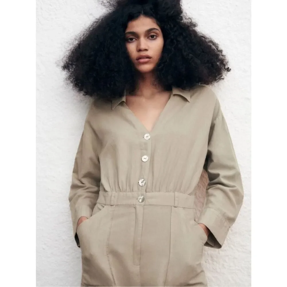 ZARA LINEN BLEND LONG JUMPSUIT SAND